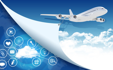 Airplane and cloud with icons