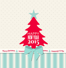 Christmas greeting card with red tree and blue ribbon