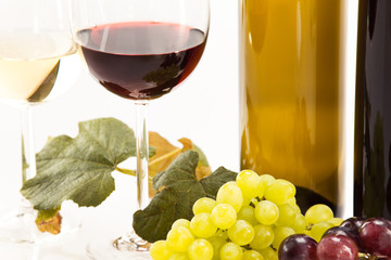 Rotwein und Weisswein mit Trauben und Weinflasche