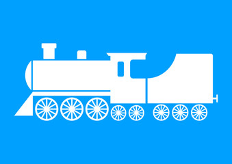 White locomotive icon on blue background