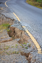 Broken road by an earthquake and landslide