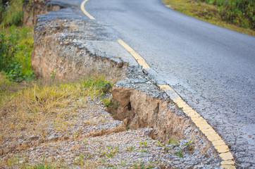 Broken road by an earthquake and landslide