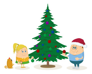 Children and Christmas fir tree
