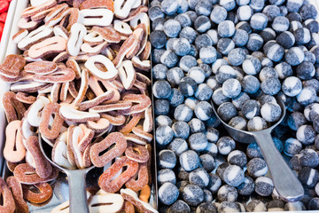 Background made of colorful sweets and candies.  assortment colo