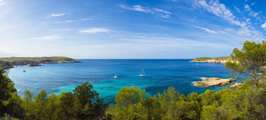 Mediterranean panorama in Ibiza, Balearic islands. - obrazy, fototapety, plakaty