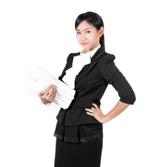 Young pretty business woman holding pile of document unhappy