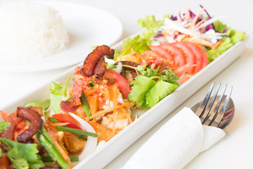 Spicy fried egg, Bacon and Chinese sausage with rice.