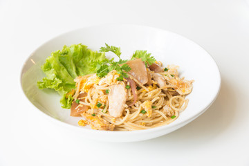 Stir fried Spaghetti with Chicken and egg. and egg.