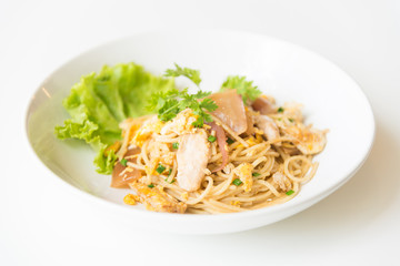 Stir fried Spaghetti with Chicken and egg. and egg.