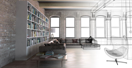 Interno soggiorno vintage con libreria openspace 3d © LaCozza