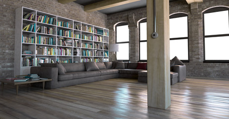 Interno soggiorno vintage con libreria openspace 3d © LaCozza