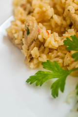 Delicious rice with pork meat and salad