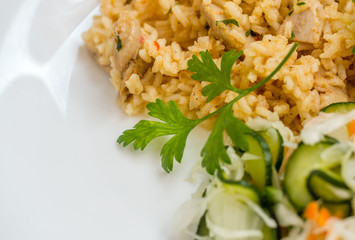 Delicious rice with pork meat and salad