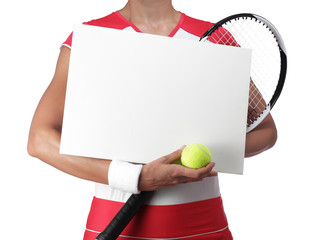 female tennis player holding a white billboard