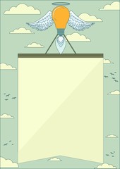 Poster in the Sky With Clouds Lifted Winged Bulb.Color, Contour