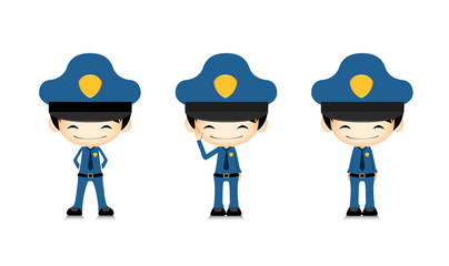 Set of policeman in different poses on white background