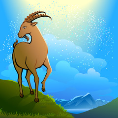 A scenic landscape with a goat on a hill top