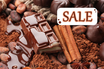 Concept of discount. Composition of chocolate sweets