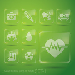Medical icons on various glass button.