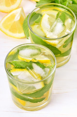 Lemonade with fresh lemon and mint in glass