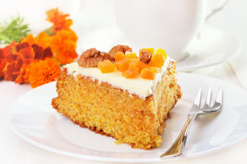 Piece of carrot cake with icing