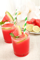 Watermelon cocktail on table, close-up