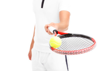 Tennis player giving a racket