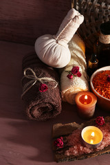 Composition with spa treatment on wooden background