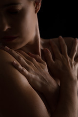 Obraz premium Body scape of woman neck and hand emotion artistic conversion