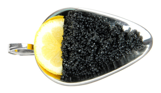 Black caviar and slice of lemon in metal dish isolated on white