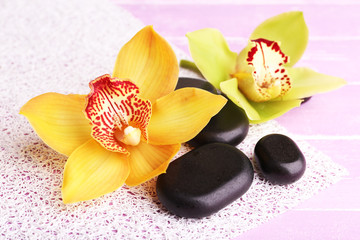 Fototapeta na wymiar Tropical orchid flowers and spa stones