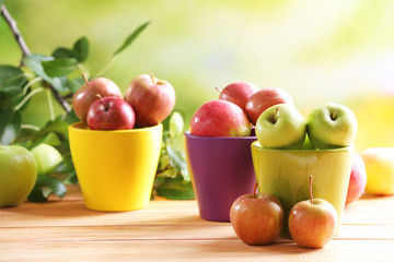 Naklejka na ściany i meble Juicy apples in pots, close-up