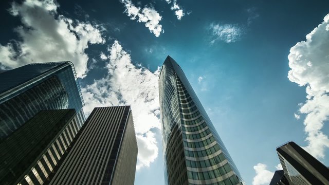 building, finance, sky blue, clouds, timelapse,la défense, Paris