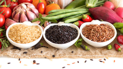 Red, black and unpolished organic rice and vegetables
