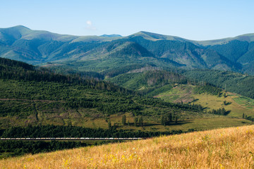 Landscape in the Ukrainian Carpathians with the freight train pa