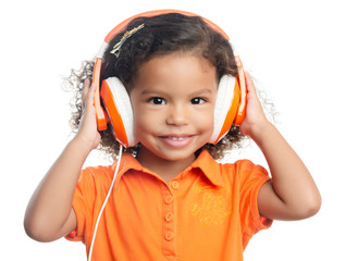 Small afro american girl with bright orange headphones