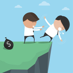 Businessman pushes his friend fall abyss. vector illustration