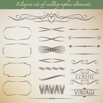 Filigree set of calligraphic elements for vintage design. Vector