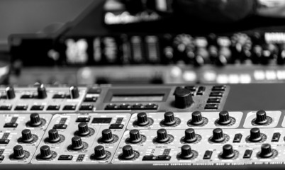 Closeup photo of an audio mixer