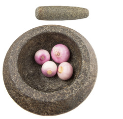 Stone Mortar And Pestle With Onions