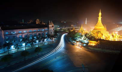Yangon Myanmar, night cityscape with Sule pagoda