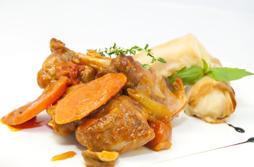 rabbit stew with mushroom sauce and cheese rolls