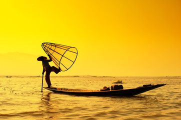 Myanmar, Shan state, Inle lake Intha fisherman on boat