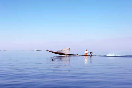Myanmar, Shan state, Inle lake Intha fisherman on boat