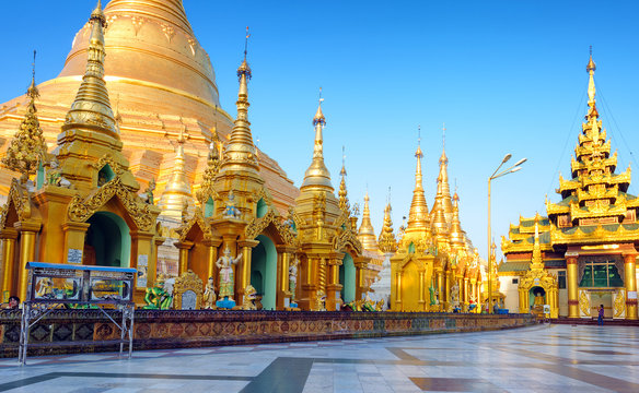 Shwedagon pagoda and temple in Myanmar, Yangon. Golden stupa