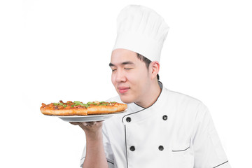 Chef smelling pizza in the kitchen isolate on white background (
