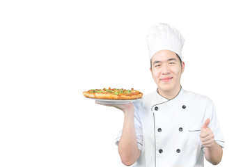 Asian chef preparing pizza very delicious (clipping path)