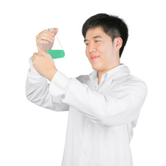 Asian scientist holding a flask of liquid, isolated on white cli