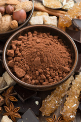 cocoa, sugar and spices for hot chocolate, vertical