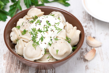 traditional Russian dumplings with sour cream, top view